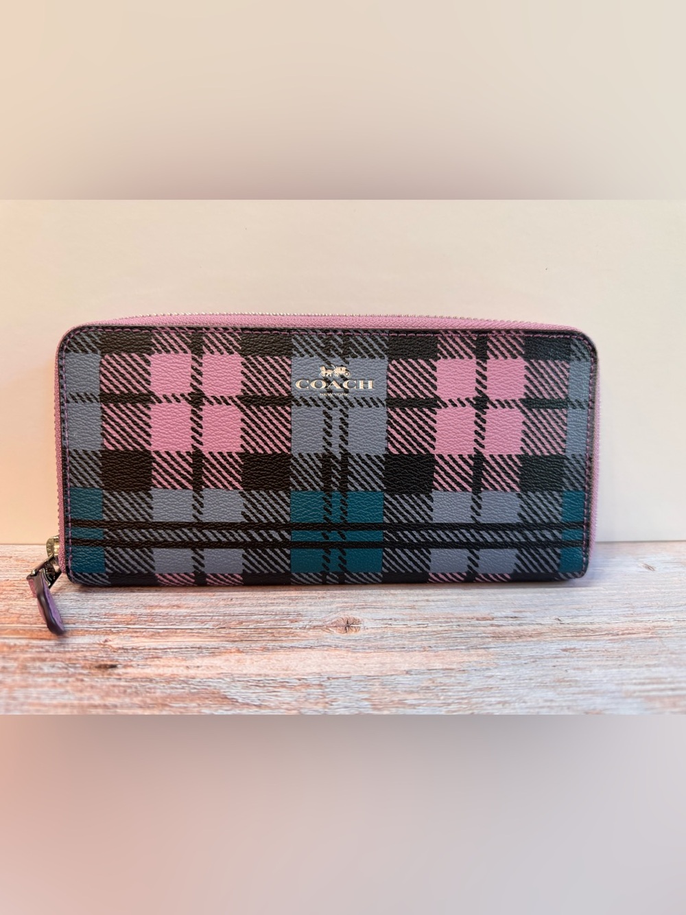 Coach Plaid Zip-Around Wallet in Pink, Gray & Teal